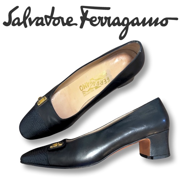 Vintage SALVATORE FERRAGAMO Square-Toe‎ Black Leather Heels - Picture 14 of 15